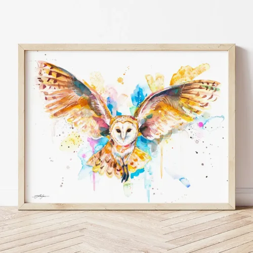 Barn Owl in Flight watercolor painting the artwork on the T-shirt by Slaveika Aladjova