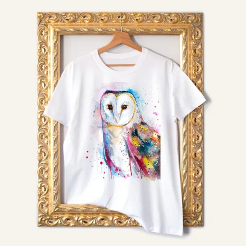 Barn Owl T-Shirt, Watercolor Art Tee Barn Owl watercolor painting printed on a white cotton T-shirt by Slaveika Aladjova