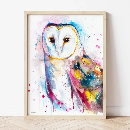 Barn Owl watercolor painting the artwork on the T-shirt by Slaveika Aladjova