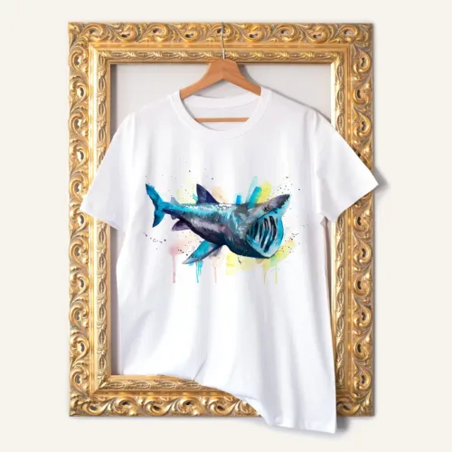 Basking Shark T-Shirt, Watercolor Art Tee Basking Shark watercolor painting printed on a white cotton T-shirt by Slaveika Aladjova