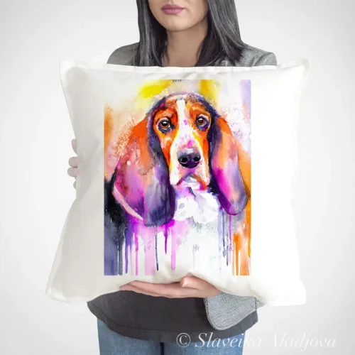 Basset Hound Art Pillow Cover, Watercolor Cushion 50 × 50 cm Basset Hound watercolor painting printed on a 50 x 50 cm cotton art pillow cover by Slaveika Aladjova