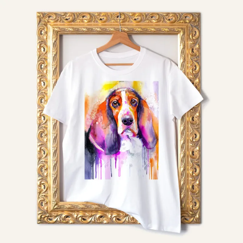 Basset Hound watercolor painting printed on a white cotton T-shirt by Slaveika Aladjova
