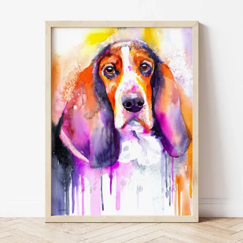 Basset Hound watercolor painting the artwork on the T-shirt by Slaveika Aladjova