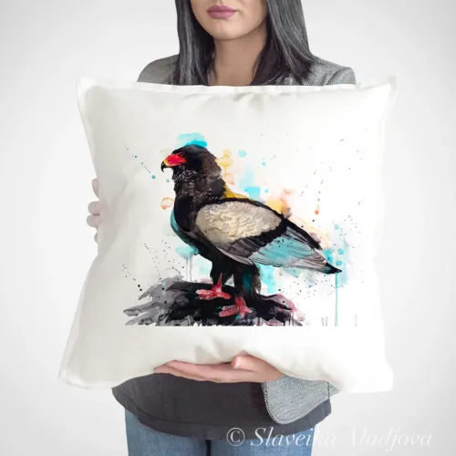 Bateleur Eagle Art Pillow Cover, Watercolor Cushion 50 × 50 cm Bateleur Eagle watercolor painting printed on a 50 x 50 cm cotton art pillow cover by Slaveika Aladjova