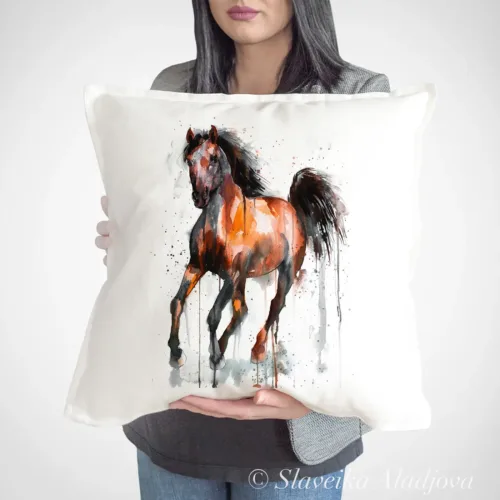 Bay Horse Art Pillow Cover, Watercolor Cushion 50 × 50 cm Bay Horse watercolor painting printed on a 50 x 50 cm cotton art pillow cover by Slaveika Aladjova