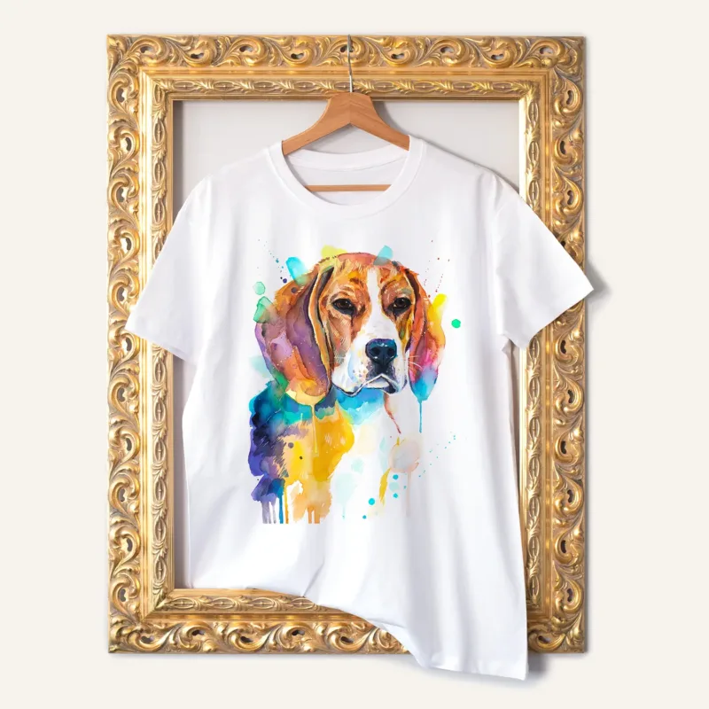 Beagle watercolor painting printed on a white cotton T-shirt by Slaveika Aladjova