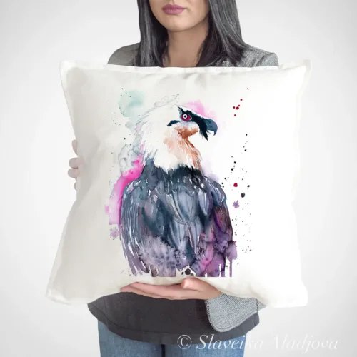 Bearded Vulture Art Pillow Cover, Watercolor Cushion 50 × 50 cm Bearded Vulture watercolor painting printed on a 50 x 50 cm cotton art pillow cover by Slaveika Aladjova