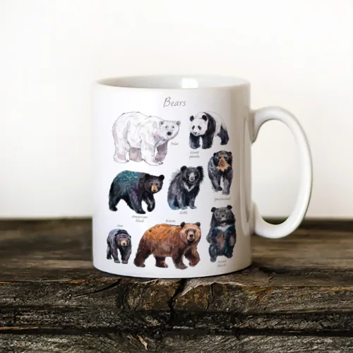 Bears of the World Art Mug, Watercolor Ceramic Mug 11 oz Bears of the World watercolor painting printed on an 11 oz ceramic art mug by Slaveika Aladjova