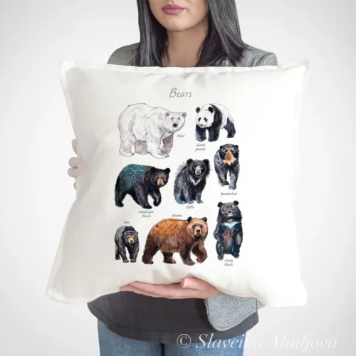 Bears of the World watercolor painting printed on a 50 x 50 cm cotton art pillow cover by Slaveika Aladjova