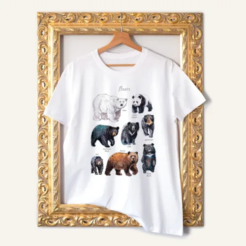 Bears of the World T-Shirt, Watercolor Art Tee Bears of the World watercolor painting printed on a white cotton T-shirt by Slaveika Aladjova