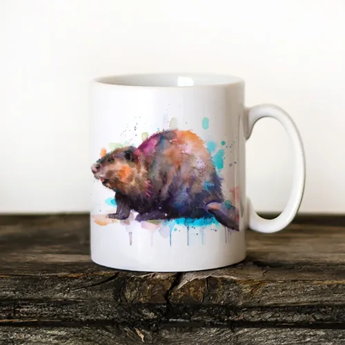 Beaver watercolor painting printed on an 11 oz ceramic art mug by Slaveika Aladjova
