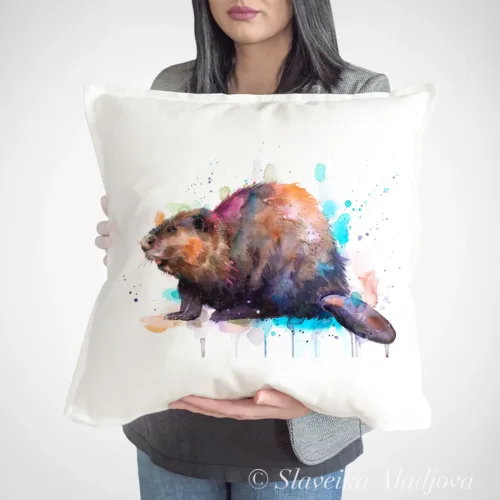 Beaver Art Pillow Cover, Watercolor Cushion 50 × 50 cm Beaver watercolor painting printed on a 50 x 50 cm cotton art pillow cover by Slaveika Aladjova