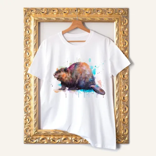 Beaver watercolor painting printed on a white cotton T-shirt by Slaveika Aladjova
