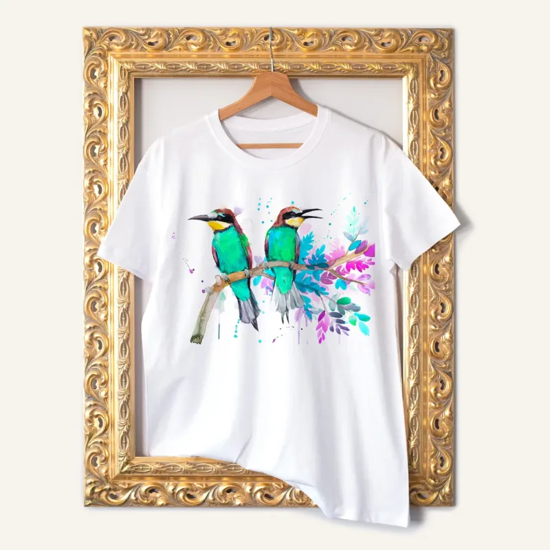 Bee-eaters watercolor painting printed on a white cotton T-shirt by Slaveika Aladjova