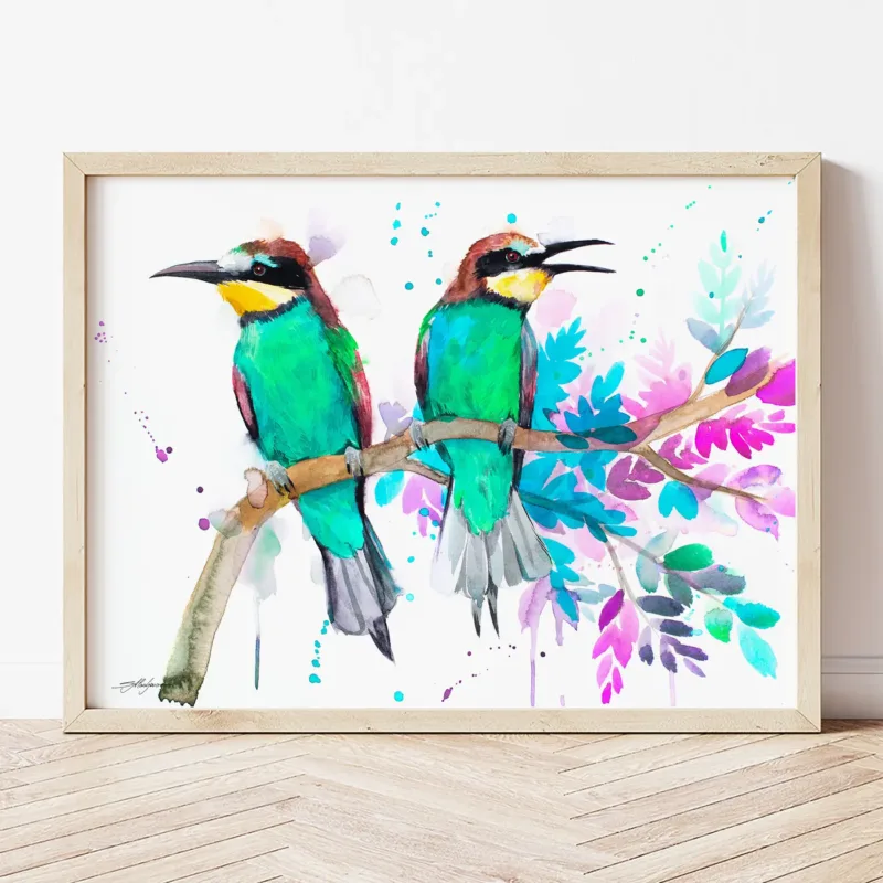 Bee-eaters watercolor painting the artwork on the T-shirt by Slaveika Aladjova