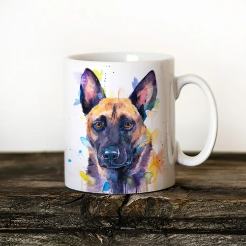 Belgian Malinois Art Mug, Watercolor Ceramic Mug 11 oz Belgian Malinois watercolor painting printed on an 11 oz ceramic art mug by Slaveika Aladjova