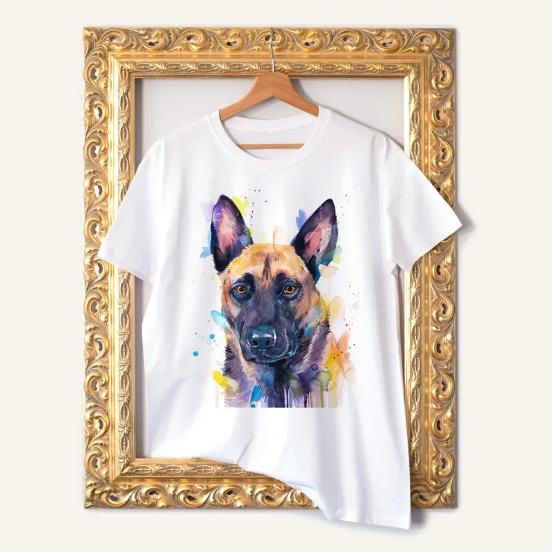 Belgian Malinois watercolor painting printed on a white cotton T-shirt by Slaveika Aladjova