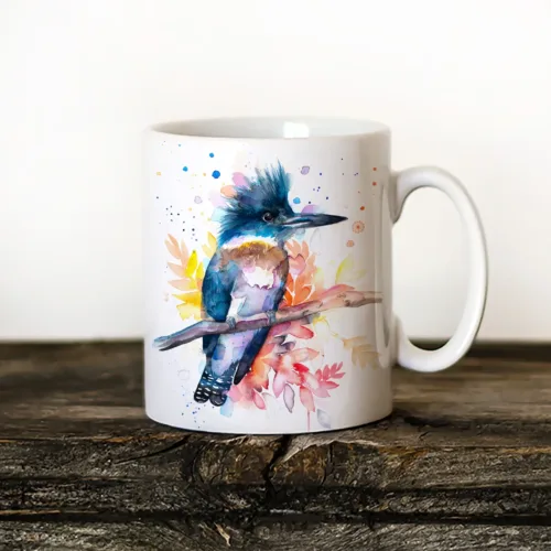Belted Kingfisher Art Mug, Watercolor Ceramic Mug 11 oz Belted Kingfisher watercolor painting printed on an 11 oz ceramic art mug by Slaveika Aladjova