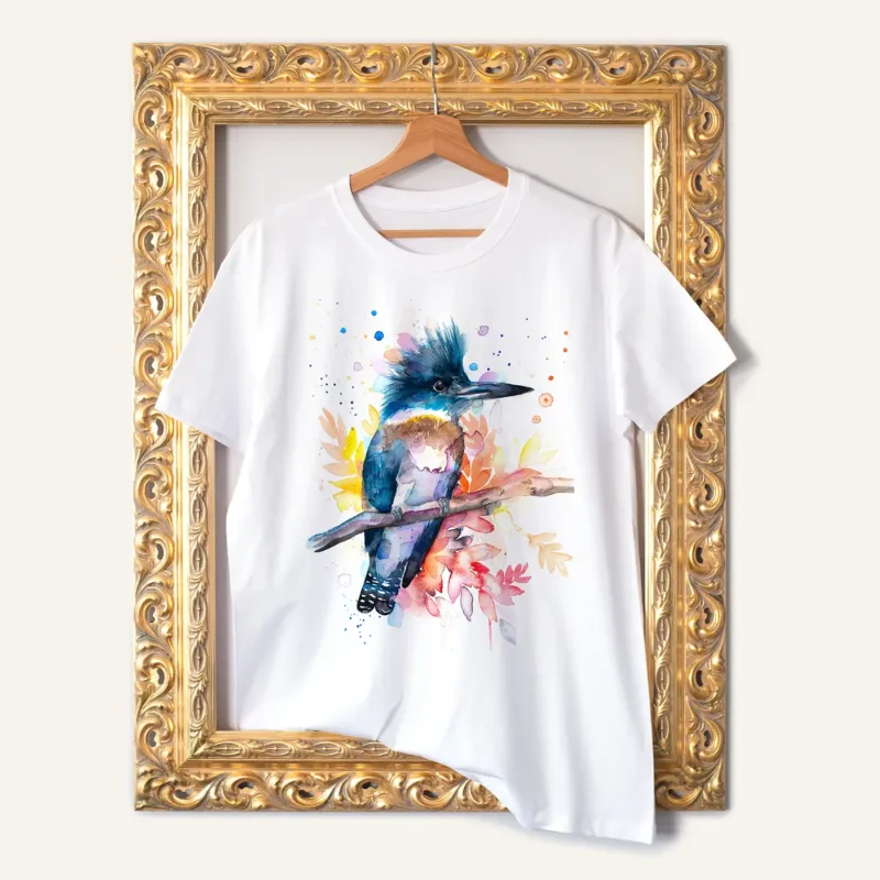 Belted Kingfisher watercolor painting printed on a white cotton T-shirt by Slaveika Aladjova