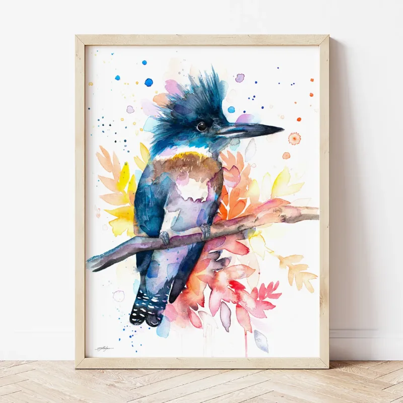 Belted Kingfisher watercolor painting the artwork on the T-shirt by Slaveika Aladjova