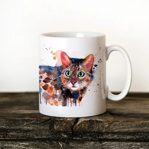 Bengal Cat Art Mug, Watercolor Ceramic Mug 11 oz Bengal Cat watercolor painting printed on an 11 oz ceramic art mug by Slaveika Aladjova