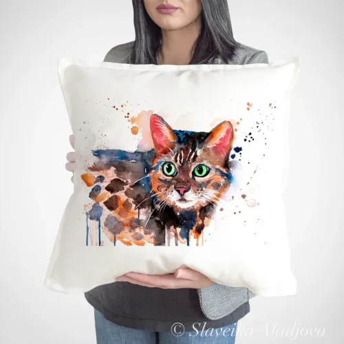 Bengal Cat Art Pillow Cover, Watercolor Cushion 50 × 50 cm Bengal Cat watercolor painting printed on a 50 x 50 cm cotton art pillow cover by Slaveika Aladjova