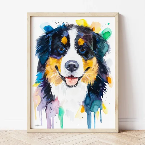 Bernese Mountain Dog watercolor painting the artwork on the T-shirt by Slaveika Aladjova