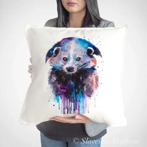Binturong Art Pillow Cover, Watercolor Cushion 50 × 50 cm Binturong watercolor painting printed on a 50 x 50 cm cotton art pillow cover by Slaveika Aladjova