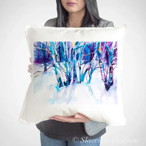 Birch Forest Art Pillow Cover, Watercolor Cushion 50 × 50 cm Birch Forest watercolor painting printed on a 50 x 50 cm cotton art pillow cover by Slaveika Aladjova