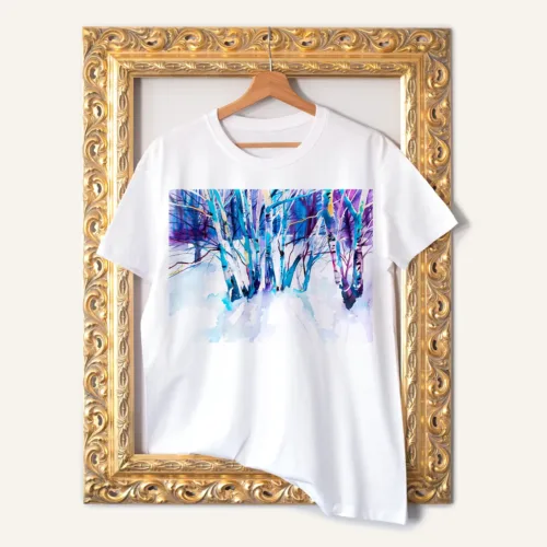 Birch Forest T-Shirt, Watercolor Art Tee Birch Forest watercolor painting printed on a white cotton T-shirt by Slaveika Aladjova