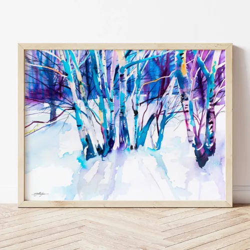 Birch Forest watercolor painting the artwork on the T-shirt by Slaveika Aladjova