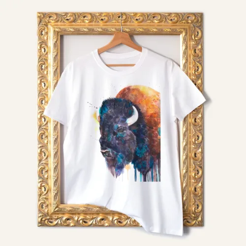 Bison Portrait watercolor painting printed on a white cotton T-shirt by Slaveika Aladjova