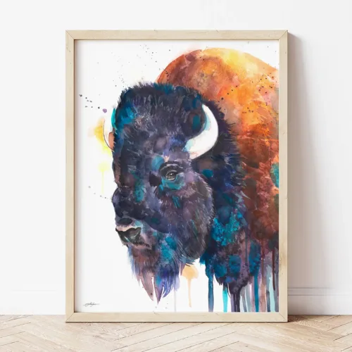 Bison Portrait watercolor painting the artwork on the T-shirt by Slaveika Aladjova
