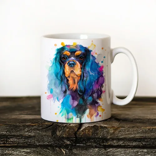 Black and Tan Cavalier King Charles Spaniel watercolor painting printed on an 11 oz ceramic art mug by Slaveika Aladjova