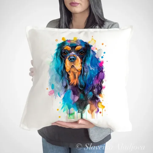 Black and Tan Cavalier King Charles Spaniel Art Pillow Cover, Watercolor Cushion 50 × 50 cm Black and Tan Cavalier King Charles Spaniel watercolor painting printed on a 50 x 50 cm cotton art pillow cover by Slaveika Aladjova