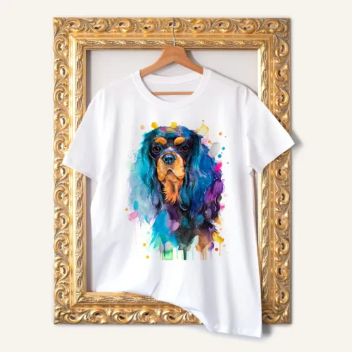 Black and Tan Cavalier King Charles Spaniel watercolor painting printed on a white cotton T-shirt by Slaveika Aladjova