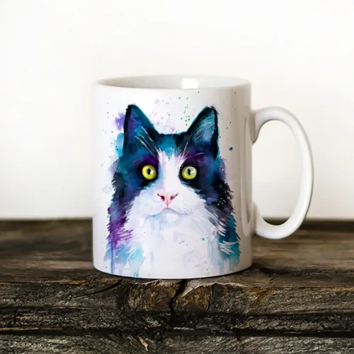 Black and White Cat Art Mug, Watercolor Ceramic Mug 11 oz Black and White Cat watercolor painting printed on an 11 oz ceramic art mug by Slaveika Aladjova