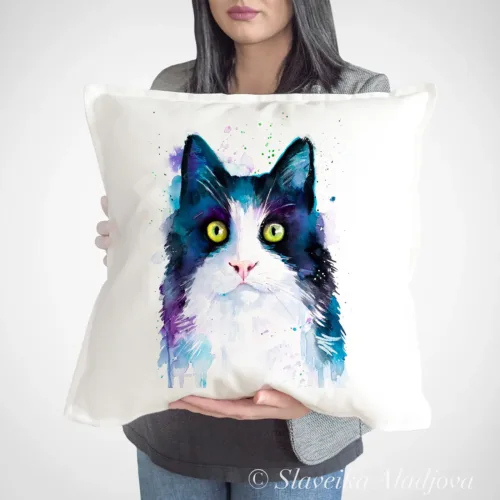 Black and White Cat watercolor painting printed on a 50 x 50 cm cotton art pillow cover by Slaveika Aladjova
