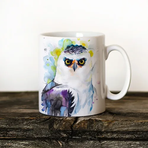 Black-and-white Hawk-Eagle watercolor painting printed on an 11 oz ceramic art mug by Slaveika Aladjova