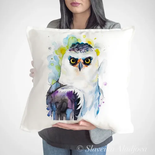 Black-and-white Hawk-Eagle watercolor painting printed on a 50 x 50 cm cotton art pillow cover by Slaveika Aladjova