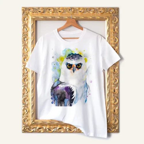 Black-and-white Hawk-Eagle watercolor painting printed on a white cotton T-shirt by Slaveika Aladjova