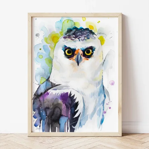 Black-and-white Hawk-Eagle watercolor painting the artwork on the T-shirt by Slaveika Aladjova