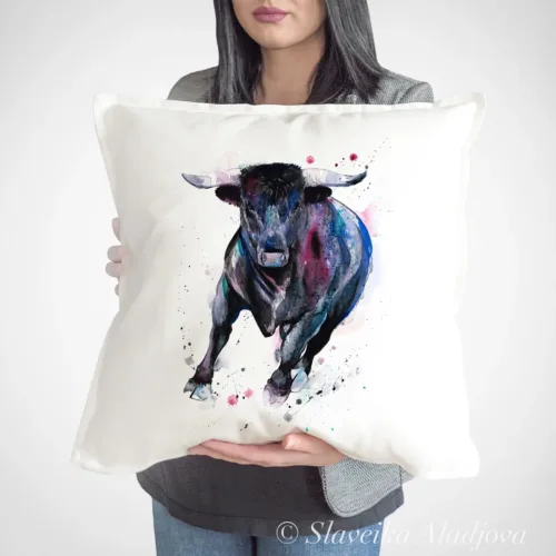 Black Bull watercolor painting printed on a 50 x 50 cm cotton art pillow cover by Slaveika Aladjova