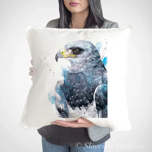 Black-chested Buzzard-Eagle Art Pillow Cover, Watercolor Cushion 50 × 50 cm Black-chested Buzzard-Eagle watercolor painting printed on a 50 x 50 cm cotton art pillow cover by Slaveika Aladjova