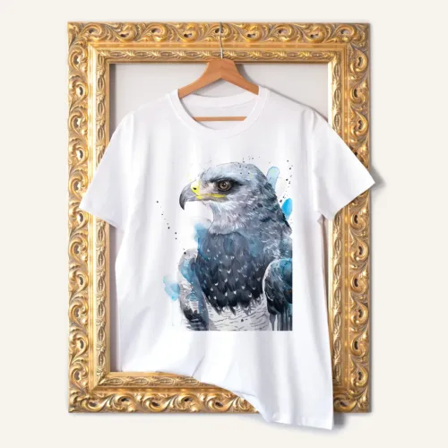 Black-chested Buzzard-Eagle watercolor painting printed on a white cotton T-shirt by Slaveika Aladjova
