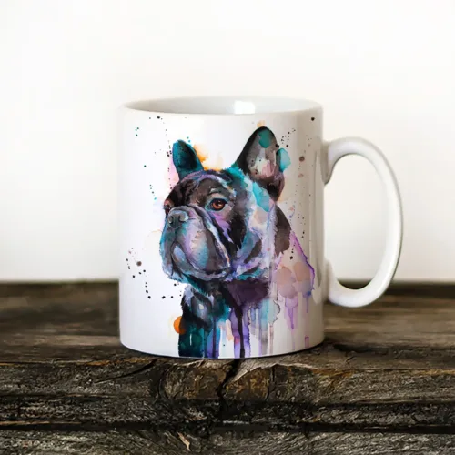 Black French Bulldog Art Mug, Watercolor Ceramic Mug 11 oz Black French Bulldog watercolor painting printed on an 11 oz ceramic art mug by Slaveika Aladjova