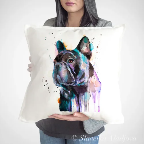 Black French Bulldog Art Pillow Cover, Watercolor Cushion 50 × 50 cm Black French Bulldog watercolor painting printed on a 50 x 50 cm cotton art pillow cover by Slaveika Aladjova