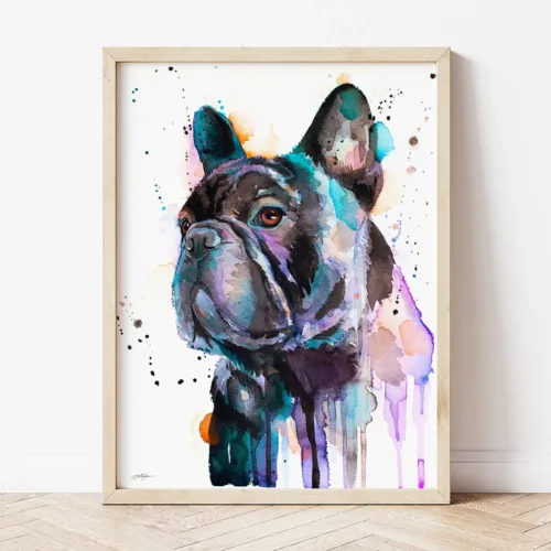 Black French Bulldog watercolor painting the artwork on the T-shirt by Slaveika Aladjova