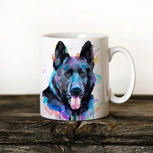 Black German Shepherd watercolor painting printed on an 11 oz ceramic art mug by Slaveika Aladjova