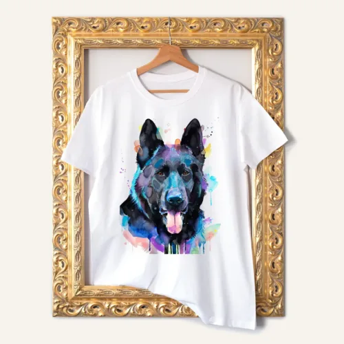 Black German Shepherd watercolor painting printed on a white cotton T-shirt by Slaveika Aladjova